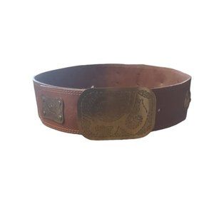Vintage 80s Wide Brown Leather Belt Gold Accents New York Studio Size S-M